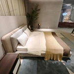 Dual-Material Upholstered Bed with Beige Leather & Grey Fabric Headboard & Low-Profile Base